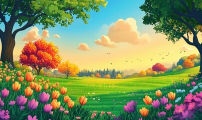 Vibrant spring landscape with blooming flowers and colorful trees under a bright sky