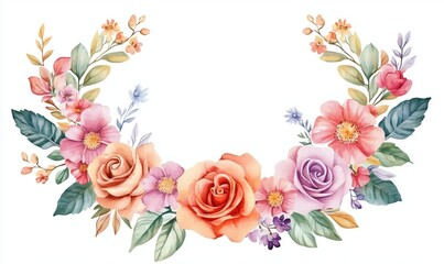 Floral wreath design featuring roses and assorted flowers in soft pastel colors
