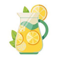 A colorful pitcher filled with refreshing lemonade features lemon slices and fresh mint leaves. The bright kitchen background enhances the vibrant appearance of this chilled drink