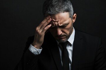 Businessman experiences stress while holding his forehead in a dark setting. Generative AI