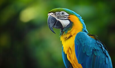 Vibrant blue and yellow macaw perched against lush green background