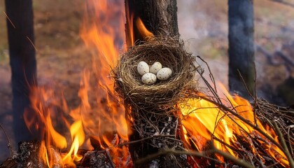 Eggs in a nest threatened by a raging forest fire