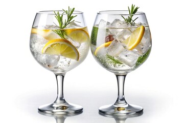 Gin and Tonic with Ice, Lemon, and Rosemary - Two gin and tonic drinks garnished with rosemary and lemon slices, served in large glasses with ice cubes.

