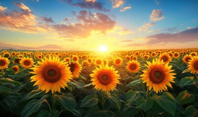 Fototapeta premium Vibrant sunflower field at sunset with dramatic clouds and golden light