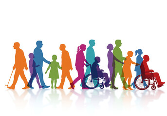 多様な人々の共生｜バリアフリー｜助け合いや共生をイメージしたイラスト｜シルエット