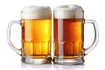 Two Beer Mugs with Foam and Bubbles - Two beer mugs filled with golden beer, topped with foam and bubbles, perfect for a toast or celebration.

 