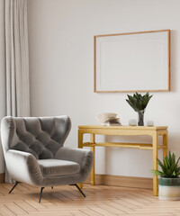 frame on wall mockup, in cozy simple living room poster wood in empty picture, element interior in illustration 3d render