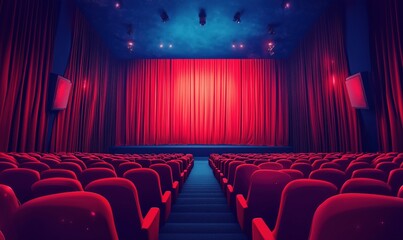 Empty theater with red curtains and seats ready for a performance or movie screening
