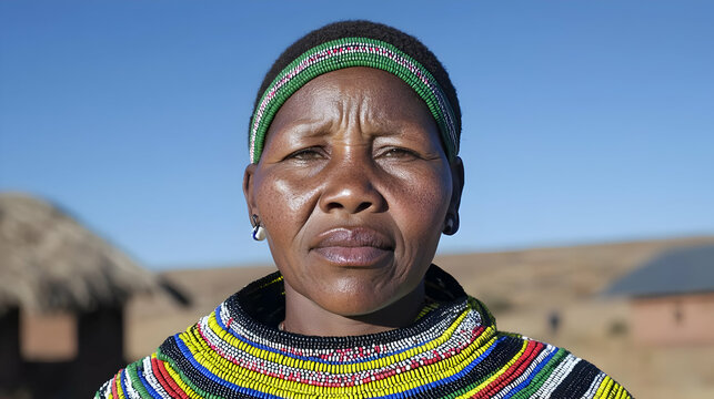 African woman portrait, beaded attire, village background, cultural heritage