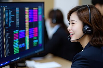 A woman at a desk wearing a headset smiles while working with a colorful data display on her computer screen in a modern office environment.