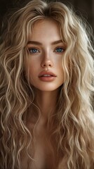 Fototapeta premium Close-up of blonde woman with blue eyes and long wavy hair.