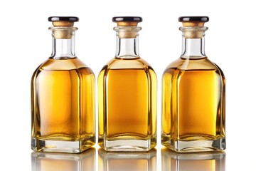 Amber Whiskey Bottles with Cork Tops - Three amber whiskey bottles with cork tops, displayed symmetrically on a reflective surface, emphasizing premium quality.

