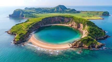Aerial view Island lagoon, turquoise water, sandy beach, volcanic hills, travel brochure