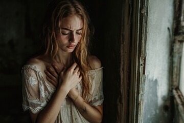Fototapeta premium Woman expressing emotion while standing in an old abandoned building. Generative AI