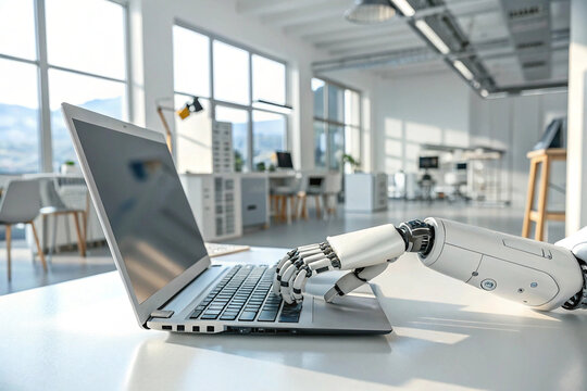 Robotic Typing: A robotic hand skillfully operates a laptop in a modern, minimalist office space, symbolizing the integration of artificial intelligence into the contemporary workplace.  