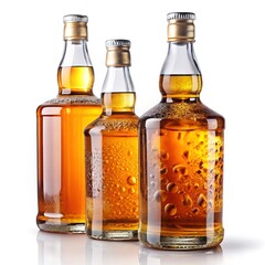 Three Whiskey Bottles with Golden Caps and Condensation - Three whiskey bottles with golden caps, displaying condensation on the surface, creating a refreshing and premium feel.

