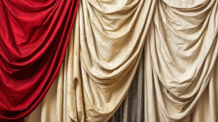 Fototapeta premium Draped red and cream colored theater curtains.