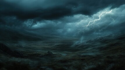 Obraz premium Dramatic stormy landscape with dark clouds and lightning illuminating a vast, eerie terrain