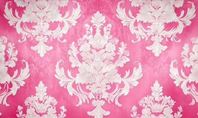 Elegant pink damask wallpaper design with intricate white floral patterns