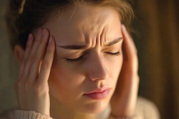 Woman feeling stressed while pressing her thumb against her temple indoors. Generative AI
