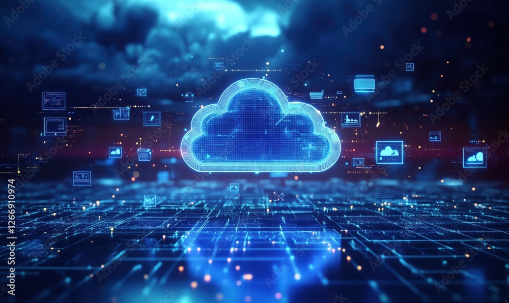 Poster digital cloud computing concept with glowing data connections and technology background
