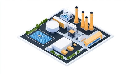 Obraz premium A digital illustration of an industrial complex featuring storage tanks, smokestacks, a swimming pool, and various buildings on a green landscape.