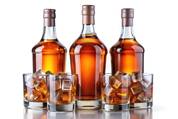 Whiskey Bottles with Ice in Glasses - Three whiskey bottles next to glasses filled with whiskey and ice cubes, offering a cold and refreshing look.

