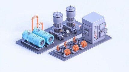 Obraz premium A 3D illustration of industrial machinery featuring compressors, motors, and piping, designed for mechanical and engineering applications.