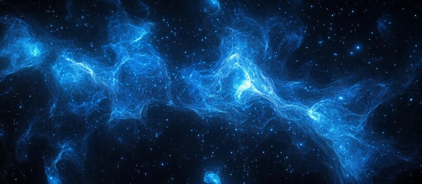 Ethereal blue cosmic nebula swirling in deep space, illuminated by distant stars