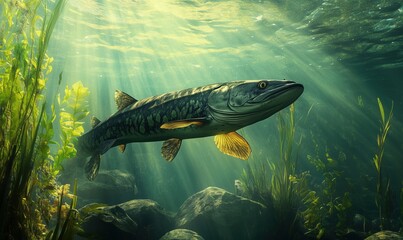 Muskellunge swimming gracefully in underwater habitat with sun rays and aquatic plants