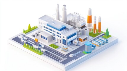 Obraz premium A modern industrial facility featuring buildings, smokestacks, and transportation lines, set in a stylized urban landscape.
