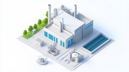 A modern industrial facility featuring cooling towers, a pool, and surrounding greenery in a sleek, isometric design.