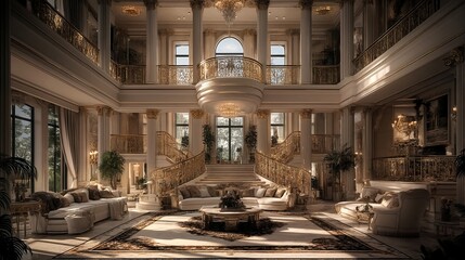 A luxurious and opulent living room with a grand staircase, featuring gold accents and marble floors.