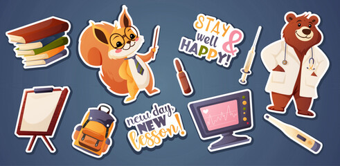 A vector sticker set about school and medicine. Suitable for educational materials, healthcare, and motivational design.  
