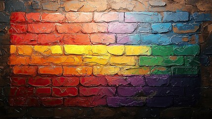 Fototapeta premium Colorful mural depicting rainbow flag pattern on textured brick wall in urban setting
