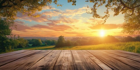 Fototapeta premium Stunning sunset over a serene landscape with wooden table in foreground