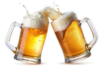 Beer Mugs Clinking with Foam and Splashing - Two beer mugs clinking together with foam splashing out, symbolizing a celebration or a toast.

