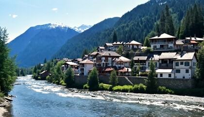 A serene mountain village nestled beside a river, showcasing its charming architecture and picturesque surroundings.