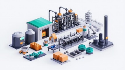 Obraz premium A detailed, colorful 3D rendering of an industrial facility featuring machinery, storage tanks, and various components in a structured layout.