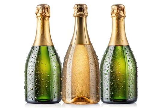 Champagne bottles with water droplets - Three elegant champagne bottles with golden caps and visible water droplets on their surface, creating a luxurious display.

