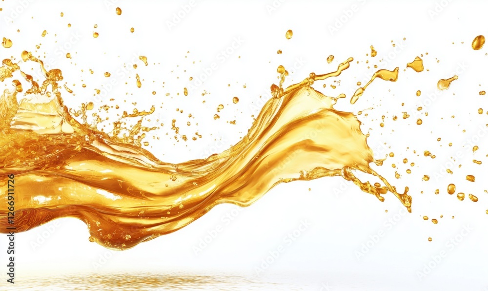 Poster golden liquid splash creating dynamic wave pattern against white background