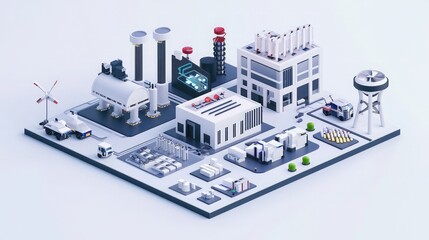 Obraz premium A miniature industrial complex featuring factories, wind turbines, and storage units, showcasing modern manufacturing and energy production elements.