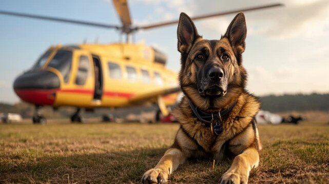 German Shepherd dog lying in front of a yellow helicopter. Dog service, dog training, and safety concept. security companies, police dog training, law enforcement promotions. Horizontal video
