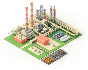 Obraz premium A 3D model of an industrial facility featuring smokestacks, pipelines, and storage units, showcasing energy production and manufacturing processes.