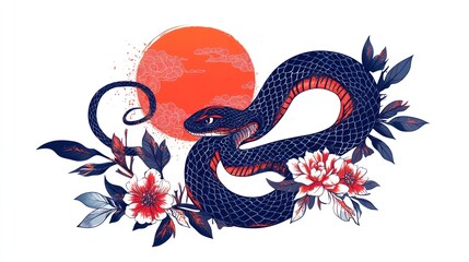 Obraz premium Black snake coiled, red sun, floral background, Japanese art style, tattoo design