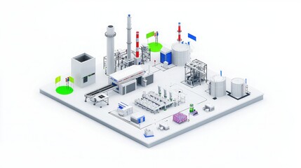 A modern industrial facility featuring various structures and equipment, showcasing a complex production environment.