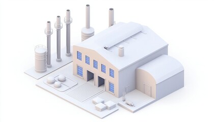 A minimalist 3D representation of an industrial building with smokestacks, showcasing a clean and modern design.