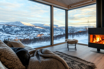 Fototapeta premium Minimalist design, modern architecture, cabin interiors, winter aesthetic, Scandi design