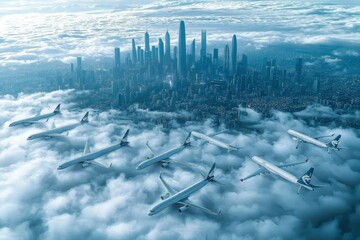 Airliners above a futuristic city in the clouds