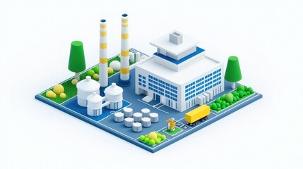 Obraz premium A colorful, isometric illustration of a factory with smokestacks, storage tanks, and a delivery truck surrounded by greenery.